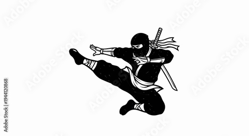 Black and white illustration of a ninja in mid-air kick with sword