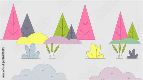 Simple shapes of trees and bushes in different colors such as pink, green, and grey. The setting is bright and features a variety of plant shapes against a light background.