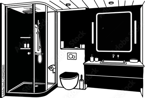 Modern bathroom with corner shower, vanity, toilet, and wall-mounted sink
