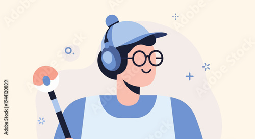 Cheerful character in hat, glasses, and headphones, holding a baton