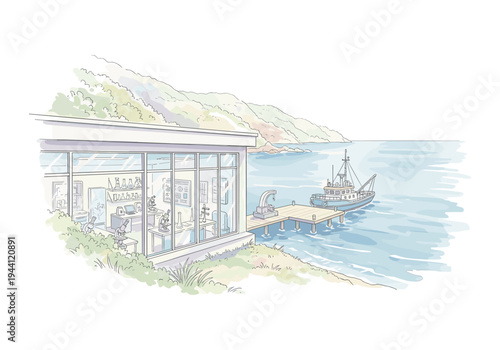 Coastal research laboratory with a boat docked at the pier, overlooking the ocean and hills