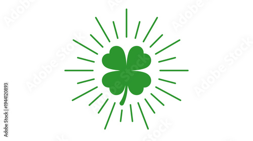 Green clover symbol with rays of light, representing luck and St. Patrick's Day celebration