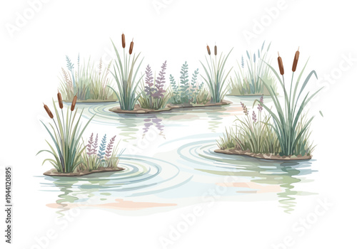 Serene watercolor illustration of a tranquil pond with cattails and aquatic plants