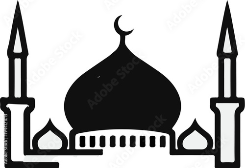 Simple black and white icon of a mosque with domes and minarets