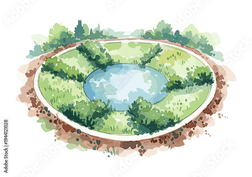 Watercolor illustration of a serene pond surrounded by lush green trees and a walking path