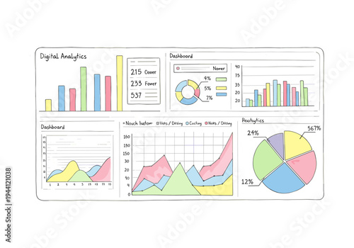 Hand-drawn digital analytics dashboard with various charts and graphs for business insights