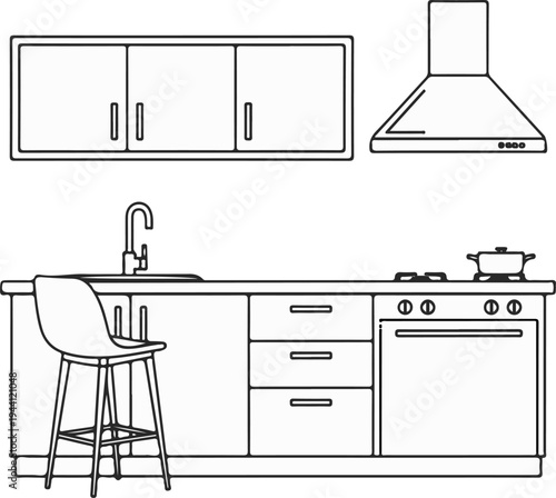 Outline drawing of a modern kitchen counter with sink, stove, cabinets, and stool