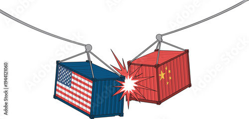 US and China trade war concept with shipping containers collision, global trade conflict tariff dispute economic tension illustration