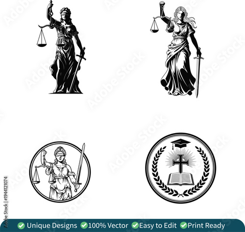 Lady Justice Statue Illustration, Themis Goddess with Scales and Sword, Law Justice Emblem and Christian Education Crest Vector Set