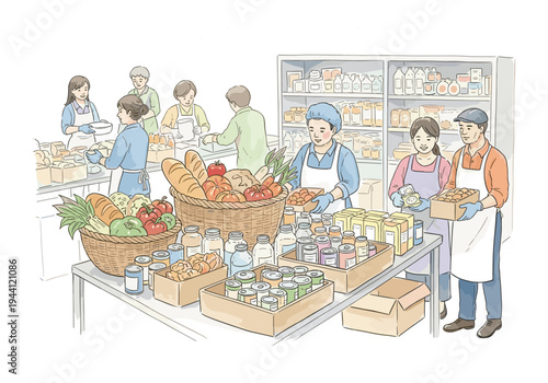 Volunteers organize food donations at a community pantry, distributing essential supplies to those in need