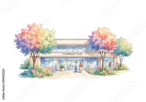 Modern community hub building with colorful trees and people interacting outside