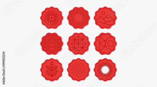 Collection of red decorative seals featuring various designs, including nature and geometric patterns