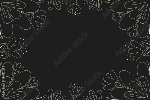 Luxury dark floral frame with golden line art flowers vector illustration.