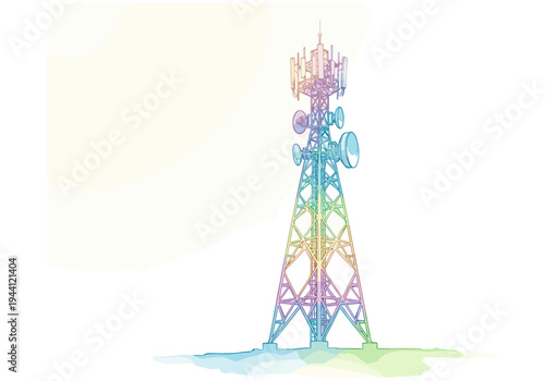 Colorful communication tower with antennas and dishes against a bright, soft background