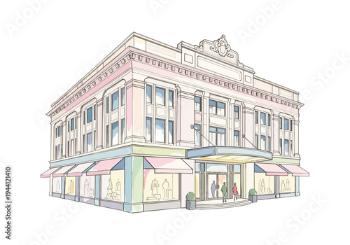 Charming watercolor illustration of a classic building with storefronts and awnings