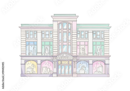 Elegant fashion boutique building with display windows and mannequins on a white background