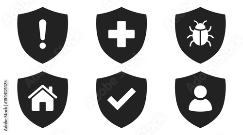 Six black shields with various white icons on white background security symbols protection concept