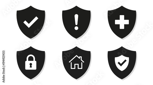 Six black shield icons with white security and protection symbols on a white background representing safety and defense concepts