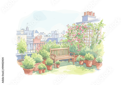Charming rooftop garden oasis with a wooden bench and blooming roses overlooking city buildings