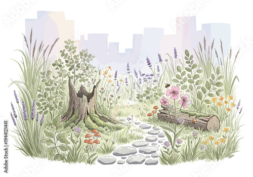 Whimsical garden path winds through lush greenery with city skyline in background