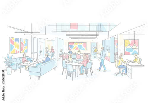 Modern open-plan office space with diverse people working and collaborating