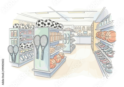 Interior view of a sports equipment store with shelves stocked with balls and shoes