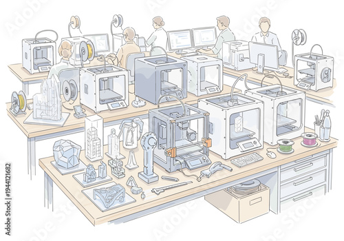 Modern 3D printing lab with multiple machines and prototypes on display