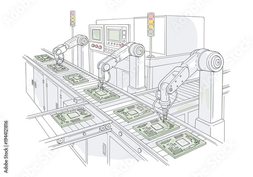 Automated robotic arms assembling electronic circuit boards on a conveyor belt in a factory