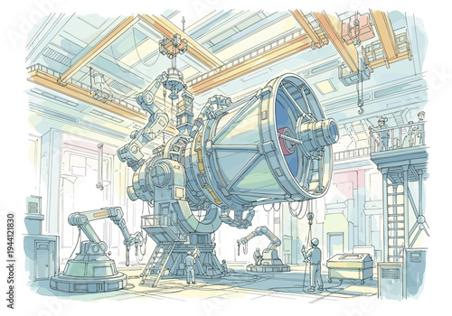 Futuristic factory assembly line with robotic arms constructing a large industrial machine