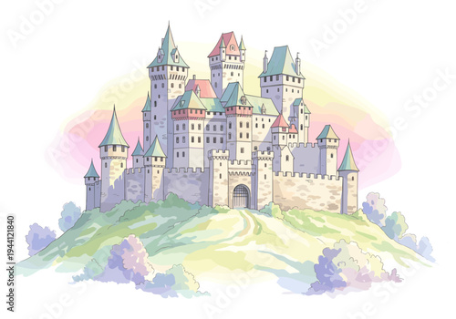 Whimsical fairytale castle illustration with pastel watercolor background and lush green hills