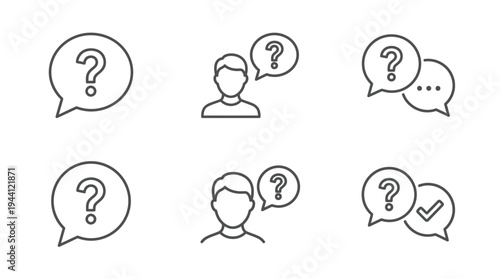 Minimalist icons of people with question marks and speech bubbles for communication and faq concepts