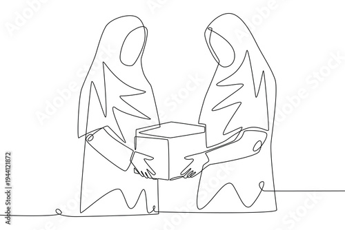 Women who give alms. Giving to charity concept one-line drawing