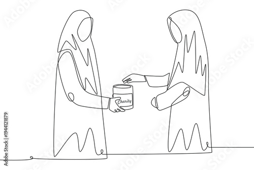 Women who give alms. Giving to charity concept one-line drawing