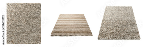 Cuadro en lienzo Set of high-quality beige shaggy carpets in different perspectives, soft plush floor rugs for modern interior decor isolated on white background