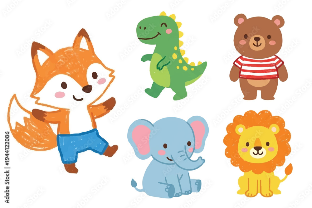 Fototapeta premium Cute Animal Character Set including Fox Dinosaur Bear Elephant and Lion, Happy Animal Pose Flat Vector Illustration