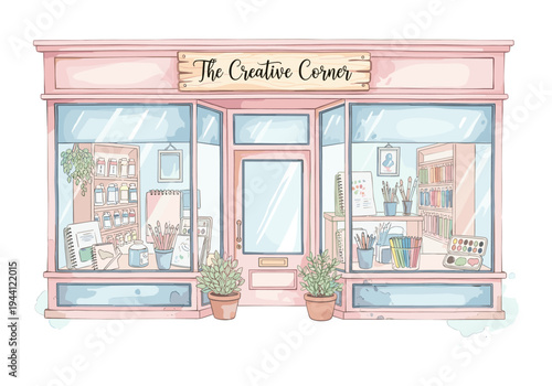 Charming art supply store facade with "The Creative Corner" sign and art materials displayed