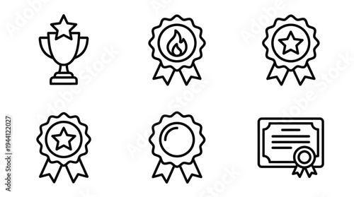 Set of six black line icons featuring awards badges and certificates on white background for recognition and achievement themes