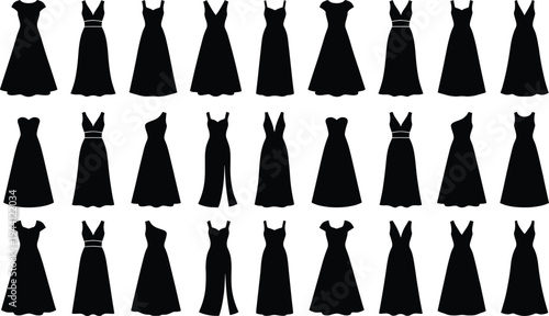 Dress, fashion, gown, clothing, women, evening, elegant, boutique, apparel, style, silhouette, collection, outfit, design, wardrobe, black, glamour, isolated, flat, vector