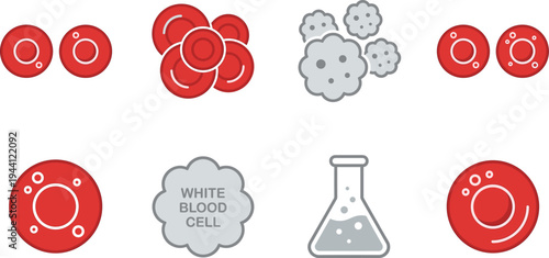 Blood cells, red blood cell, white blood cell, hematology, biology, medical, science, laboratory, microscope, health, anatomy, research, plasma, icon, set, isolated, design, flat, vector