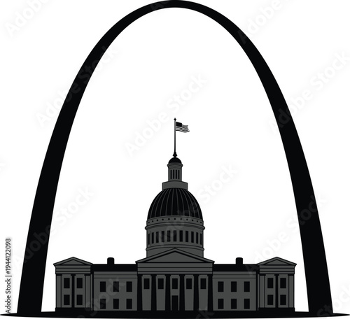 St Louis Gateway Arch, Old Courthouse silhouette, iconic American landmark architecture, Missouri travel destination, historic skyline, minimal black vector illustration