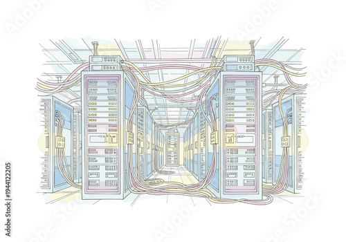 Server room with rows of racks and tangled cables, digital illustration