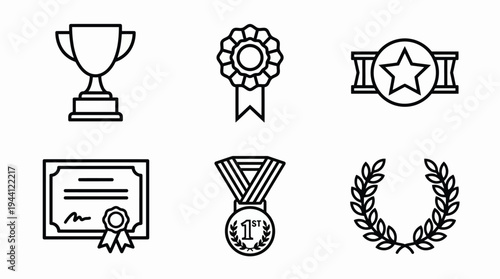 Six symmetrical award icons including trophy rosette star certificate medal and laurel wreath on white background