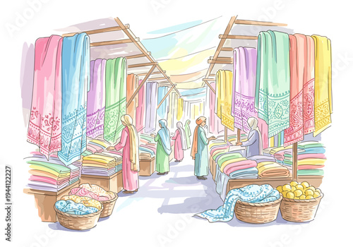 Vibrant textile market scene with shoppers browsing colorful fabrics and goods