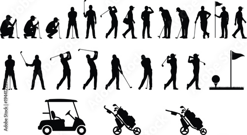 Golf, player, swing, sport, golfer, silhouette, golf club, ball, game, athlete, course, equipment, action, collection, icon, black, isolated, design, flat, vector