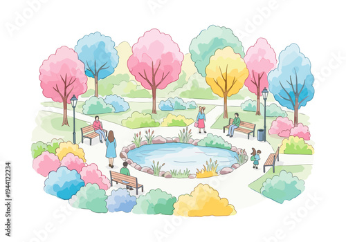 Whimsical park scene with colorful trees, a pond, and people enjoying leisure time on benches