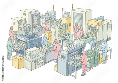 Cleanroom manufacturing facility with workers operating advanced machinery and equipment