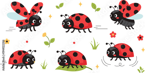 Cute Ladybug Cartoon Vector Collection Featuring Adorable Red Ladybirds Flying, Crawling and Sitting on Leaves with Flowers, Grass and Garden Elements.