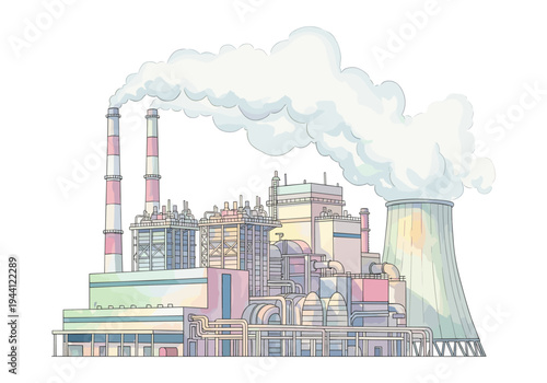 Illustration of a large industrial power plant with smoke billowing from its chimneys and cooling tower