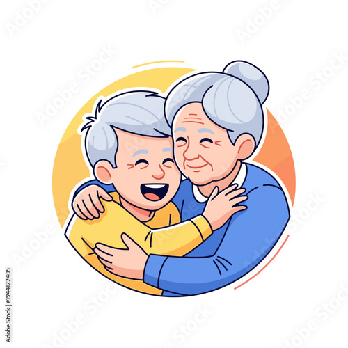 Grandmother and teen laughing while hugging on light background