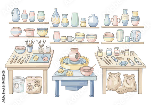 Artistic pottery studio setup with tools, clay, and finished ceramic pieces displayed